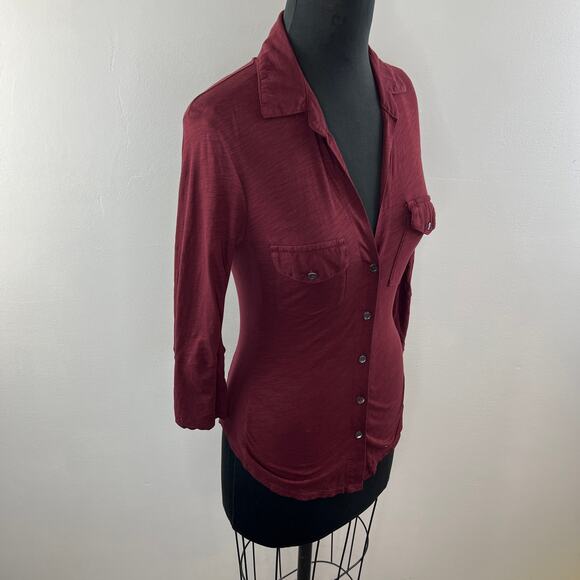 JAMES PERSE Burgundy 1 Panel Top Cotton Button-Up Collar 3/4 Sleeve Flap Pockets - Picture 5 of 9